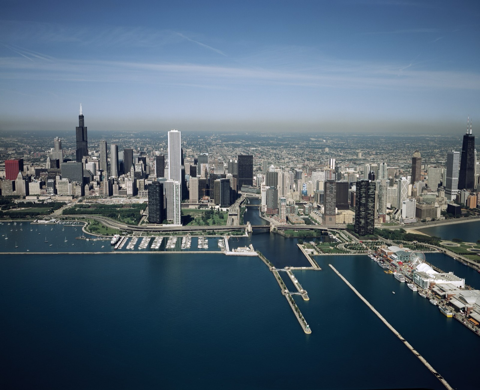 The Chicago skyline rising above the lakefront and park