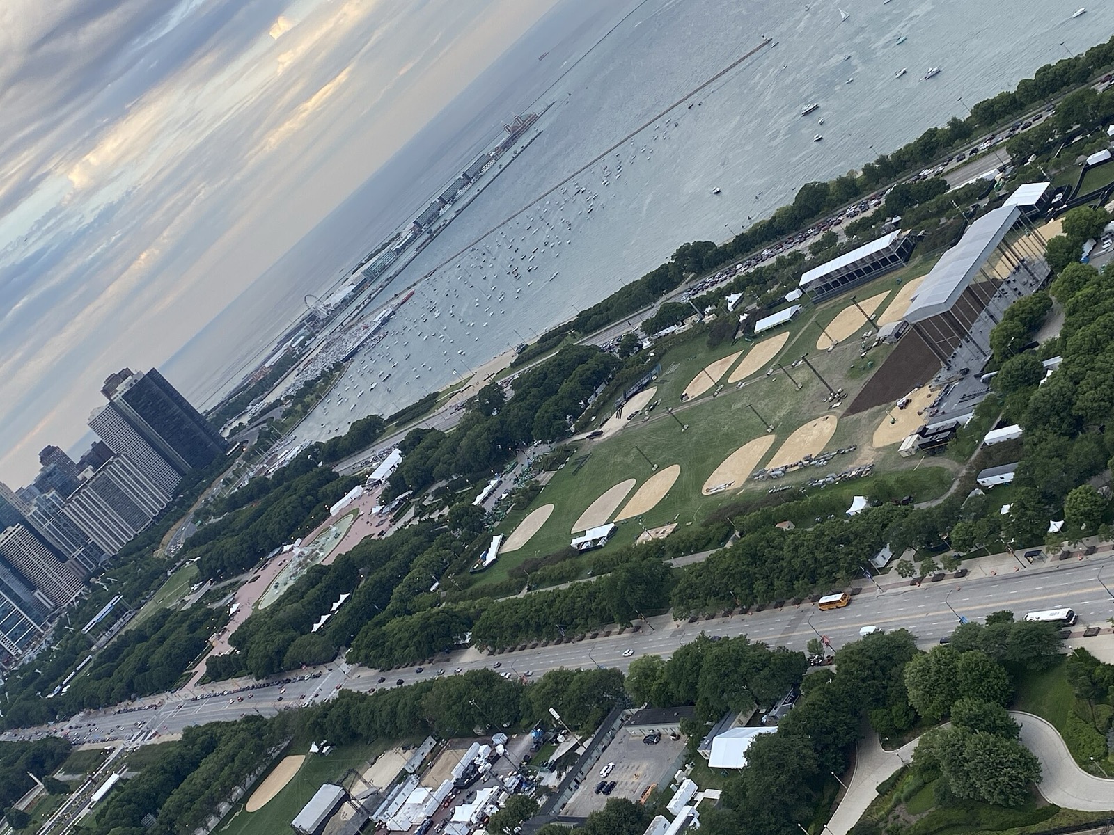 Aerial view of Grant Park with Lollapalooza stages set up around Buckingham Fountain